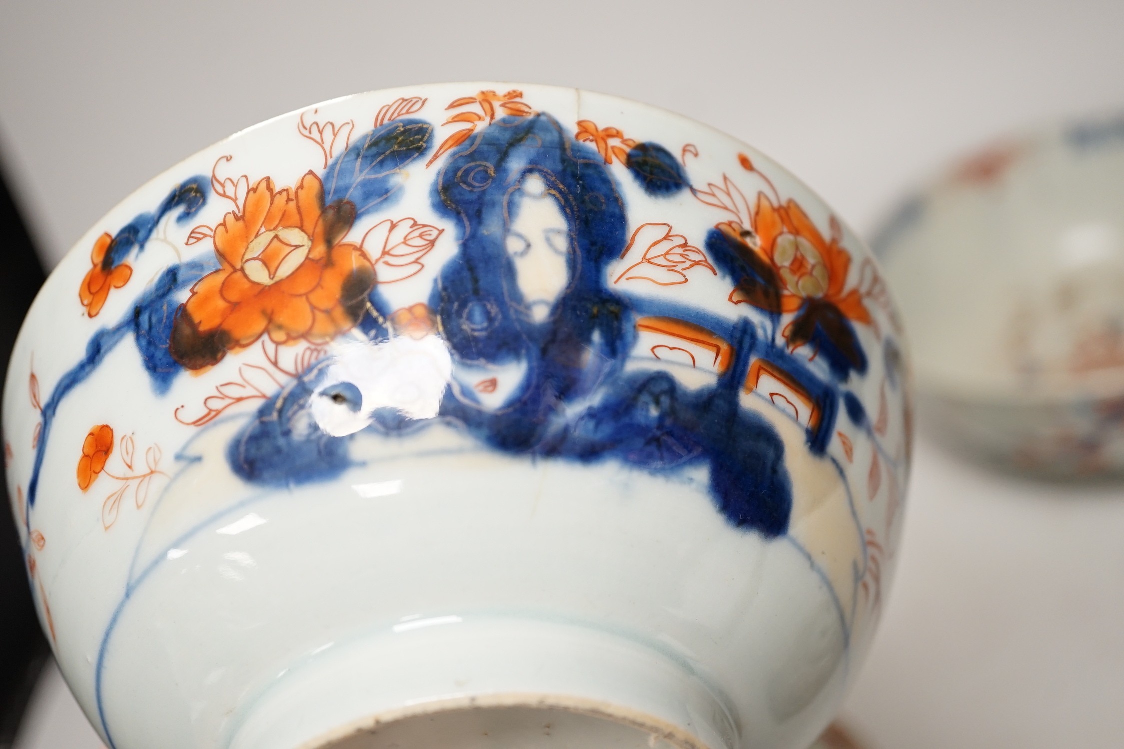 Six 18th century Chinese porcelain bowls (a.f.) and a Chinese imari plate, largest bowl 20cm diameter